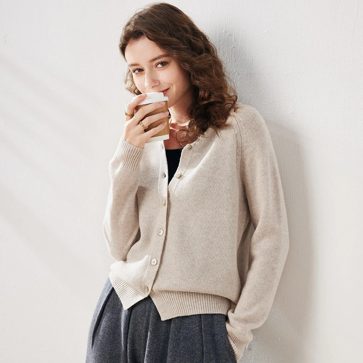 100% Wool Round Neck Cardigan Sweater