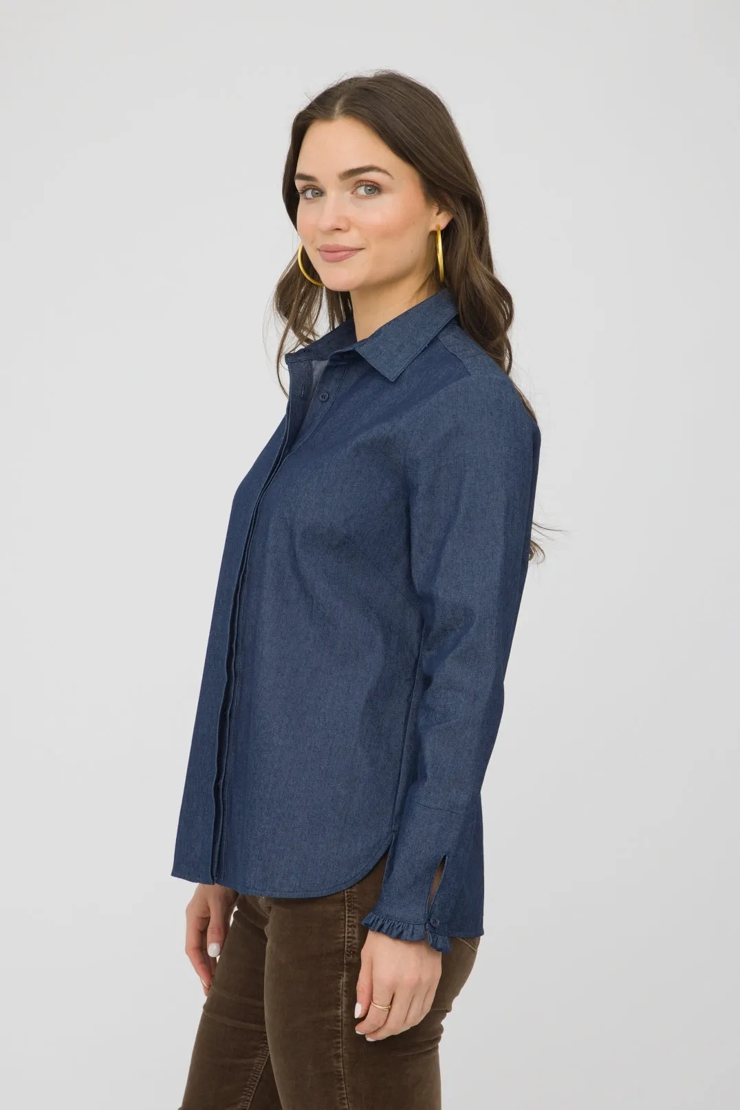 27" Denim Shirt with Ruffle Cuff