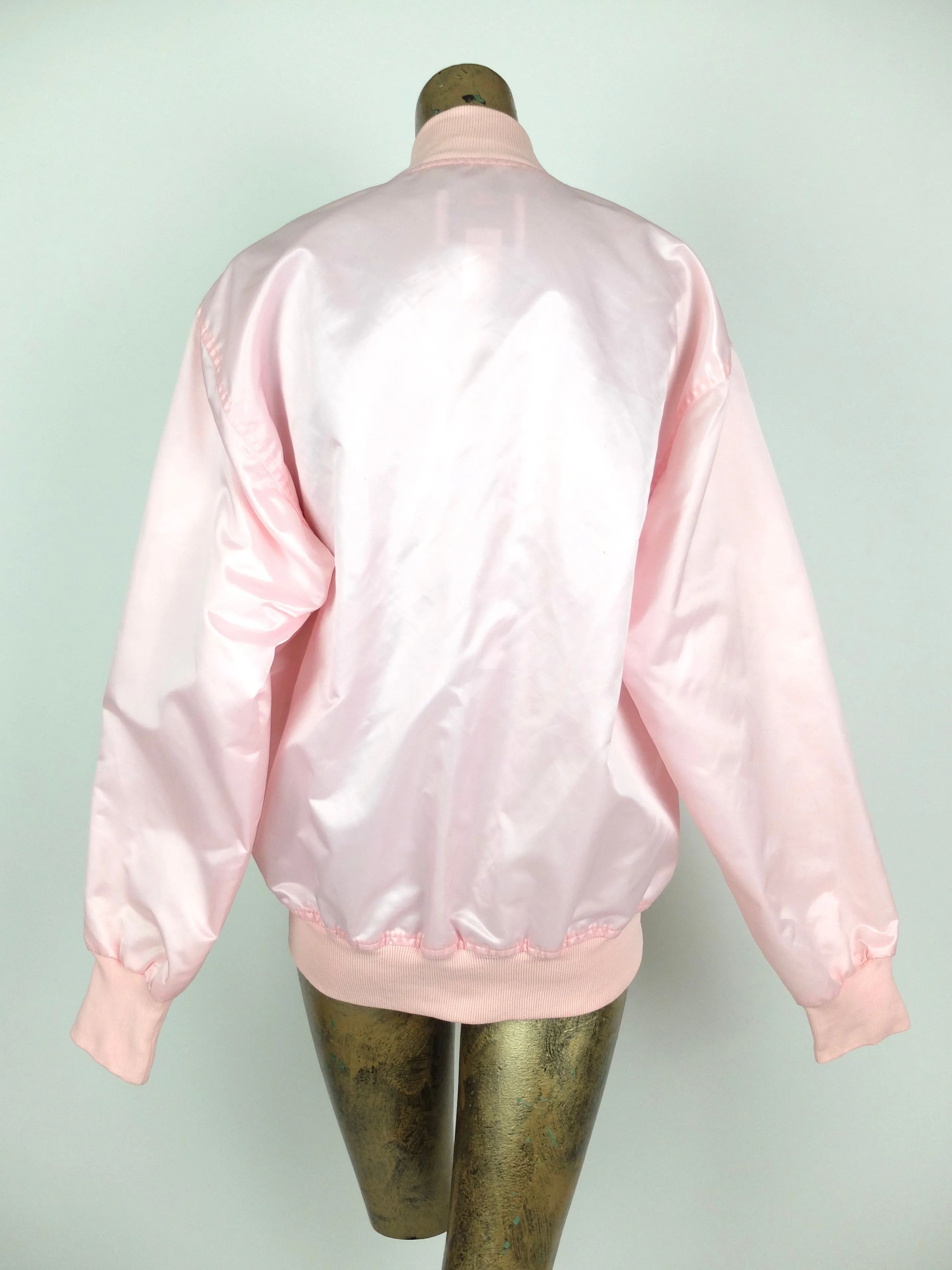 80s Athletic Silky Satin Baby Pink Mockneck Embroidered Baseball Bomber Jacket