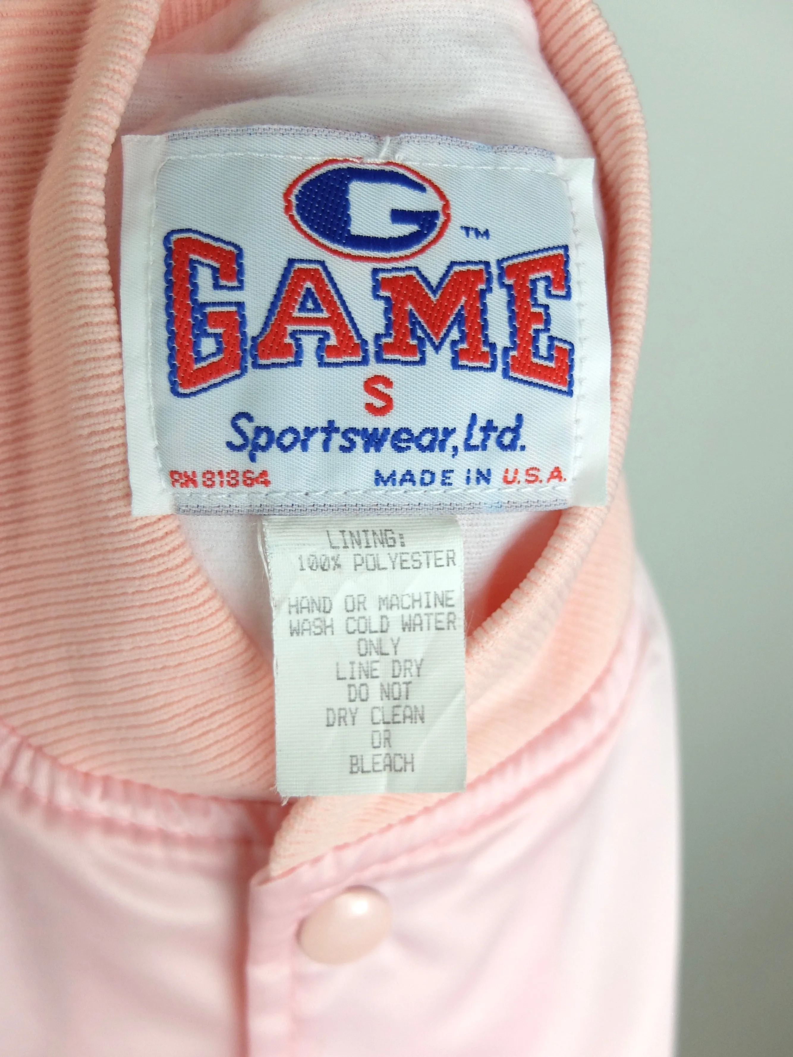 80s Athletic Silky Satin Baby Pink Mockneck Embroidered Baseball Bomber Jacket