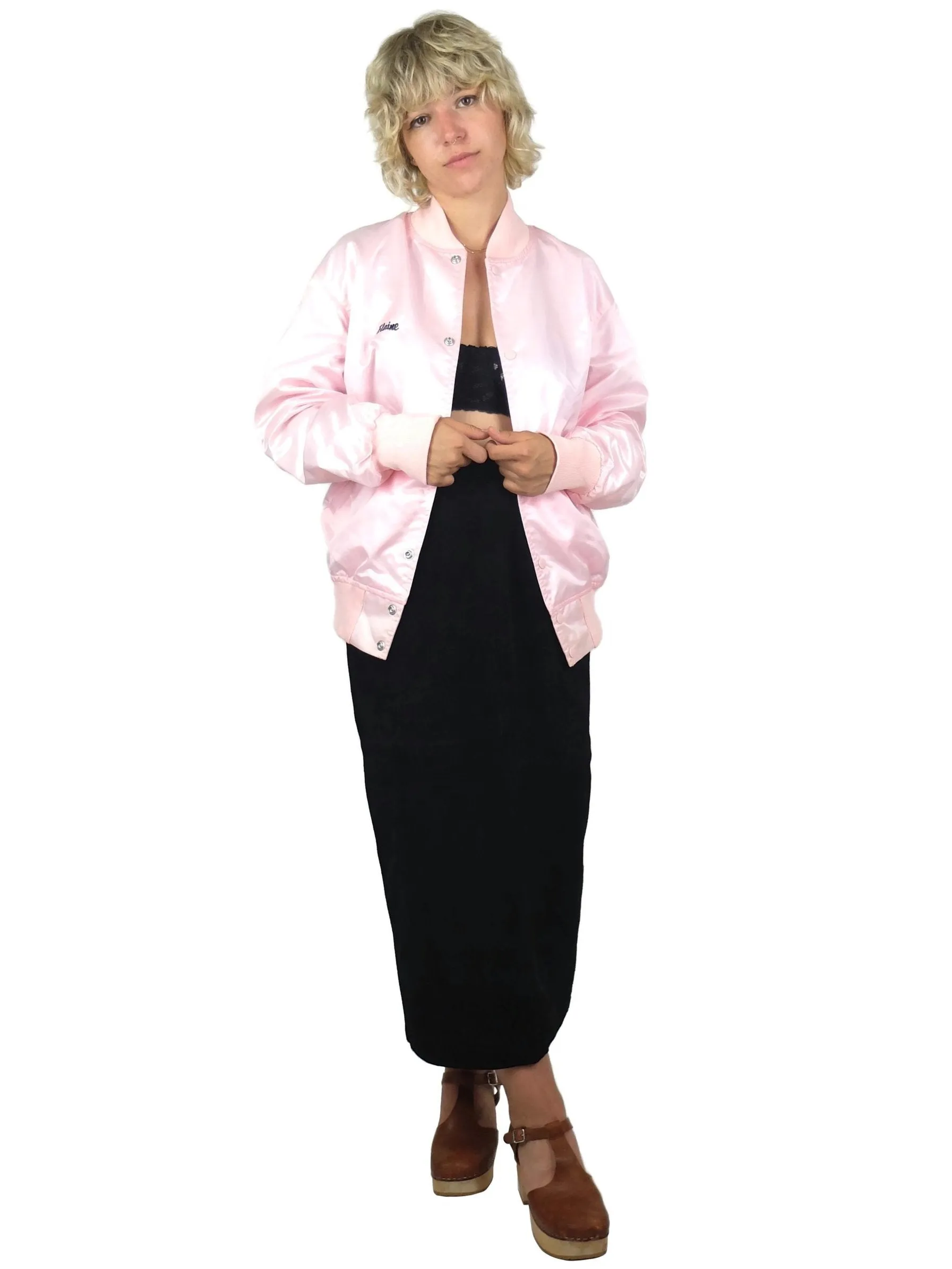 80s Athletic Silky Satin Baby Pink Mockneck Embroidered Baseball Bomber Jacket