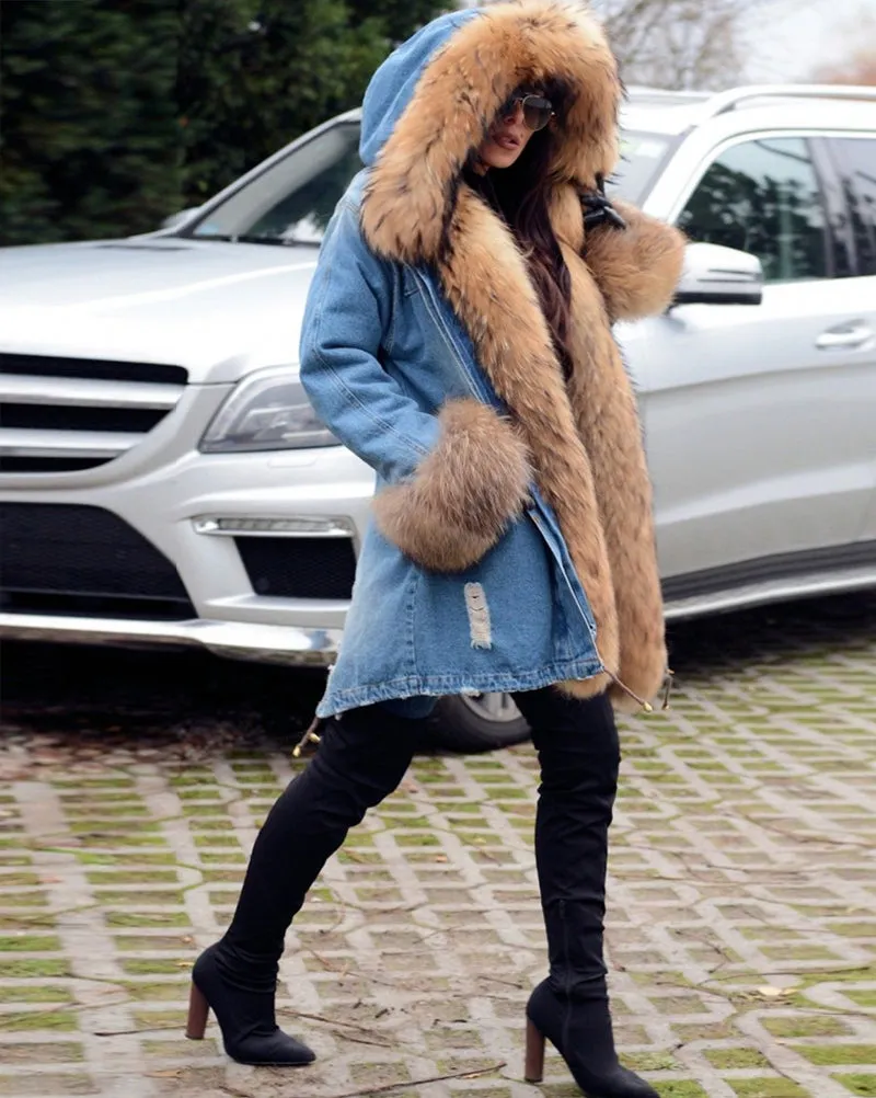 Aofur Casual Women Denim Jacket Long Faux Fur Jean Coat Hooded Parka Overcoat Plus Size S-XXXL