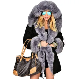 Aofur Long Warm Winter Faux Fur Collar Qulited Women's Parka, black/gray