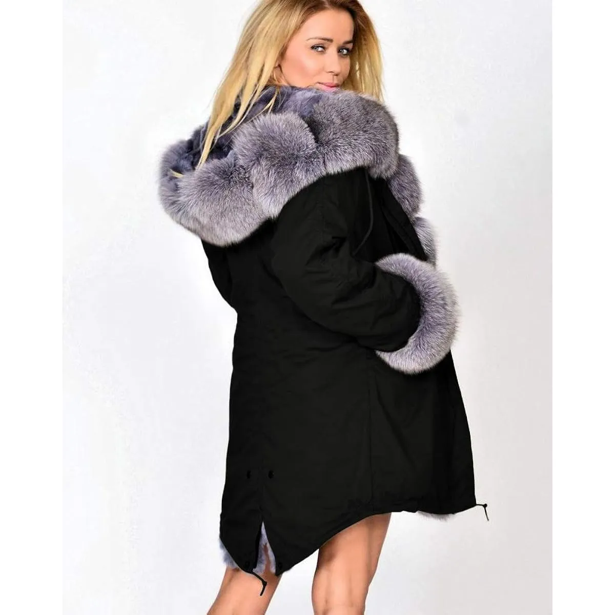 Aofur Long Warm Winter Faux Fur Collar Qulited Women's Parka, black/gray