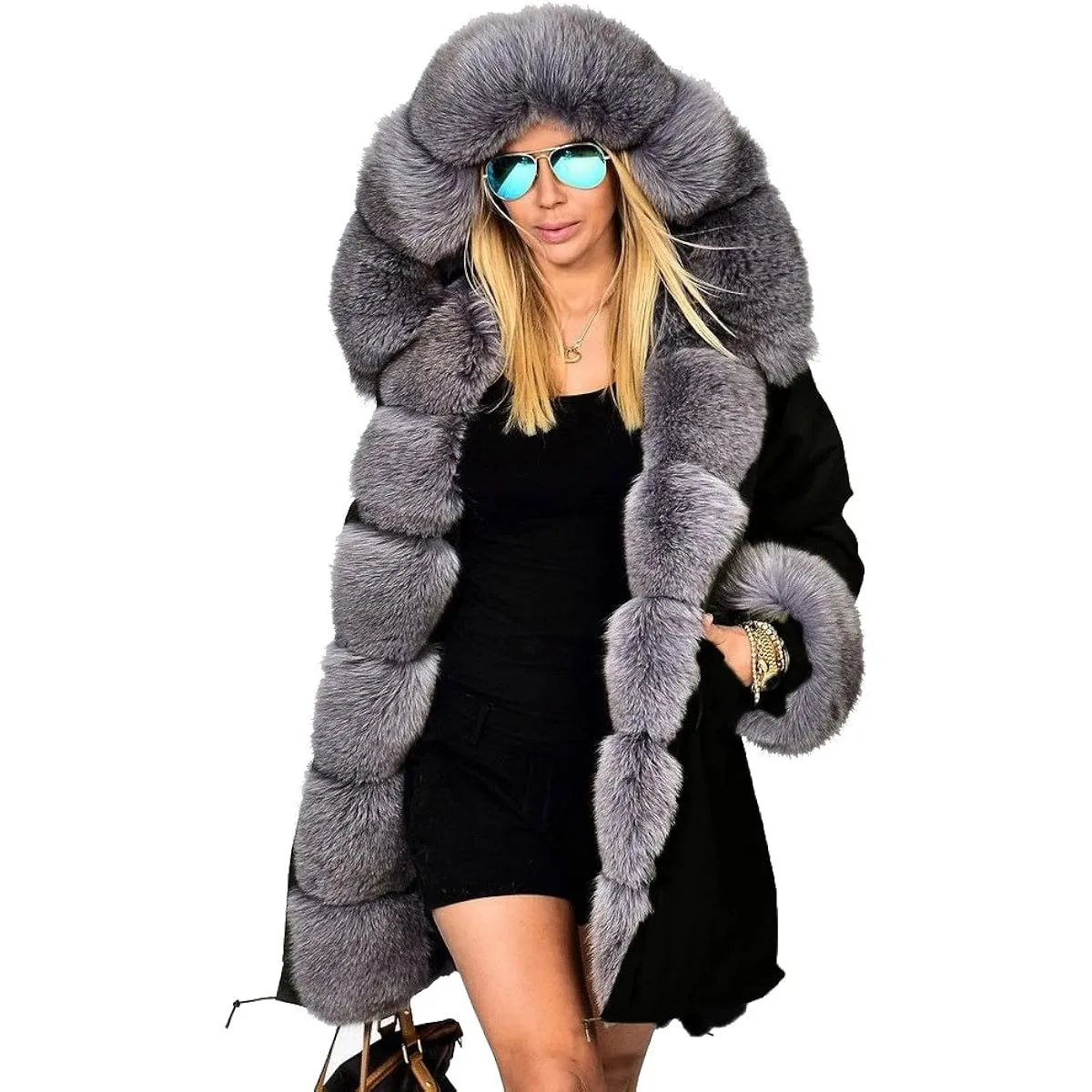 Aofur Long Warm Winter Faux Fur Collar Qulited Women's Parka, black/gray