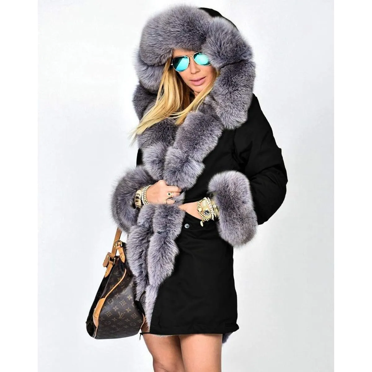 Aofur Long Warm Winter Faux Fur Collar Qulited Women's Parka, black/gray