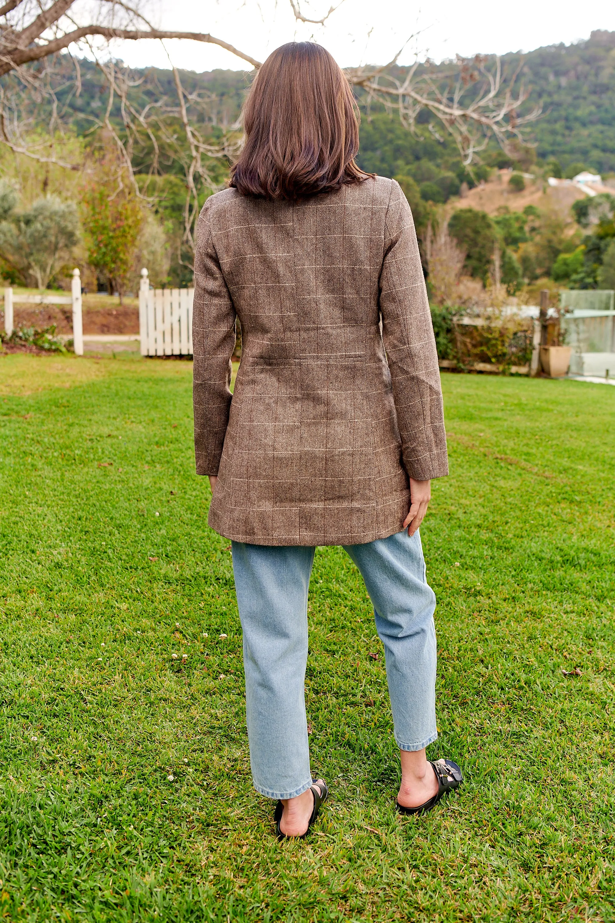 Athena Coffee Brown Tweed Print Button Front Blazer