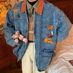 Autumn Leaves Embroidery Denim Jacket