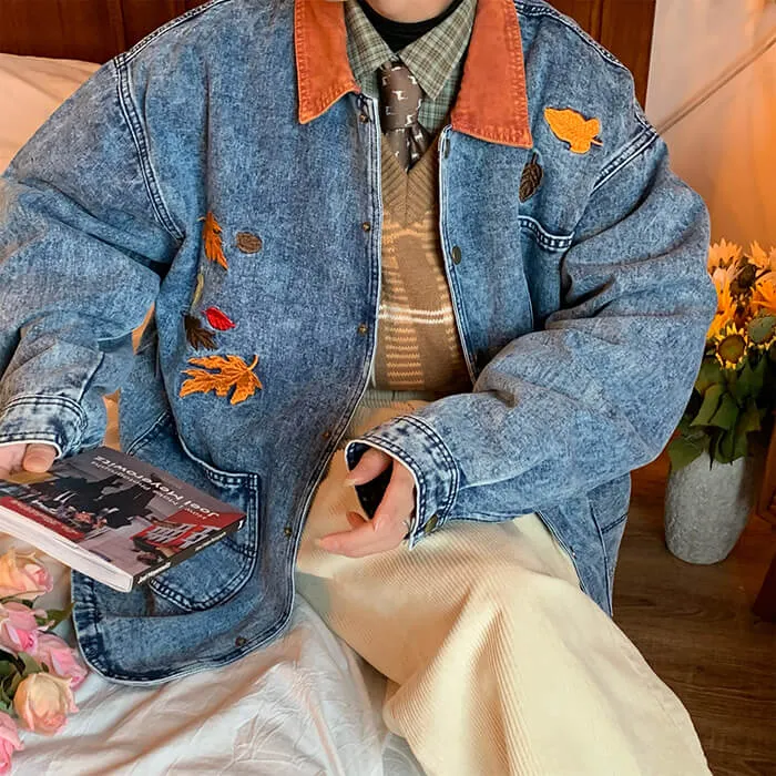 Autumn Leaves Embroidery Denim Jacket