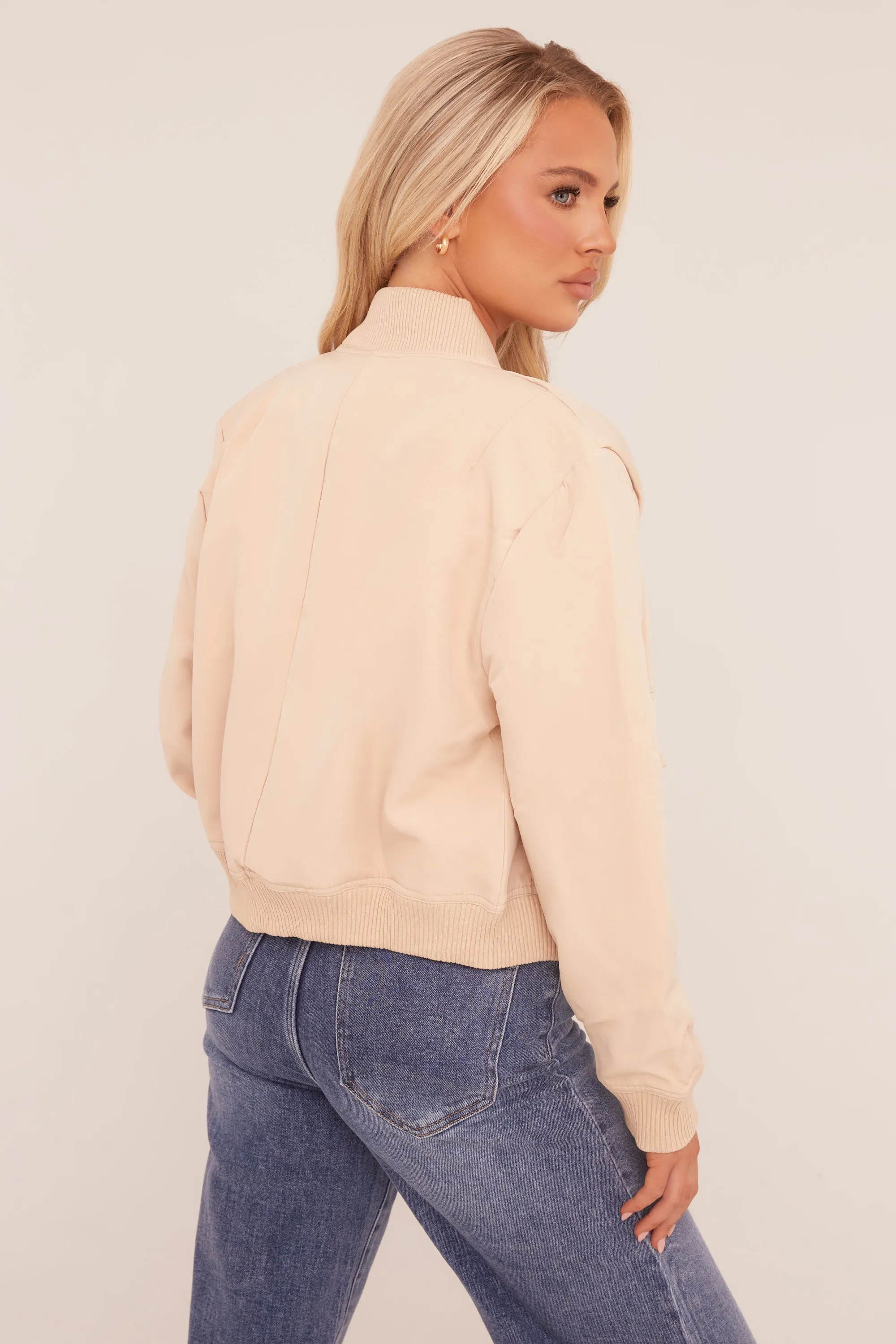 Beige Pocket Detail Bomber Jacket - Estelle