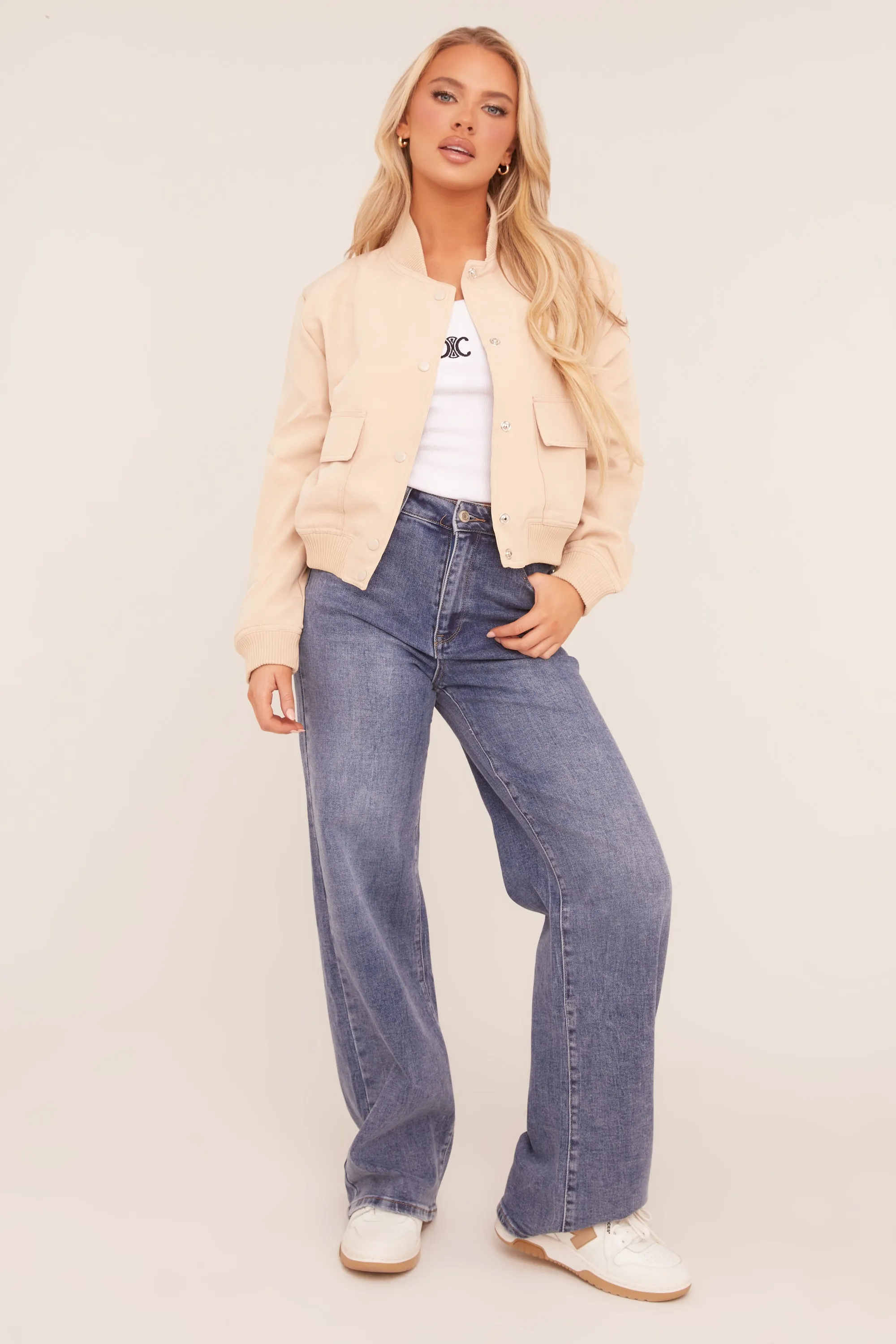 Beige Pocket Detail Bomber Jacket - Estelle