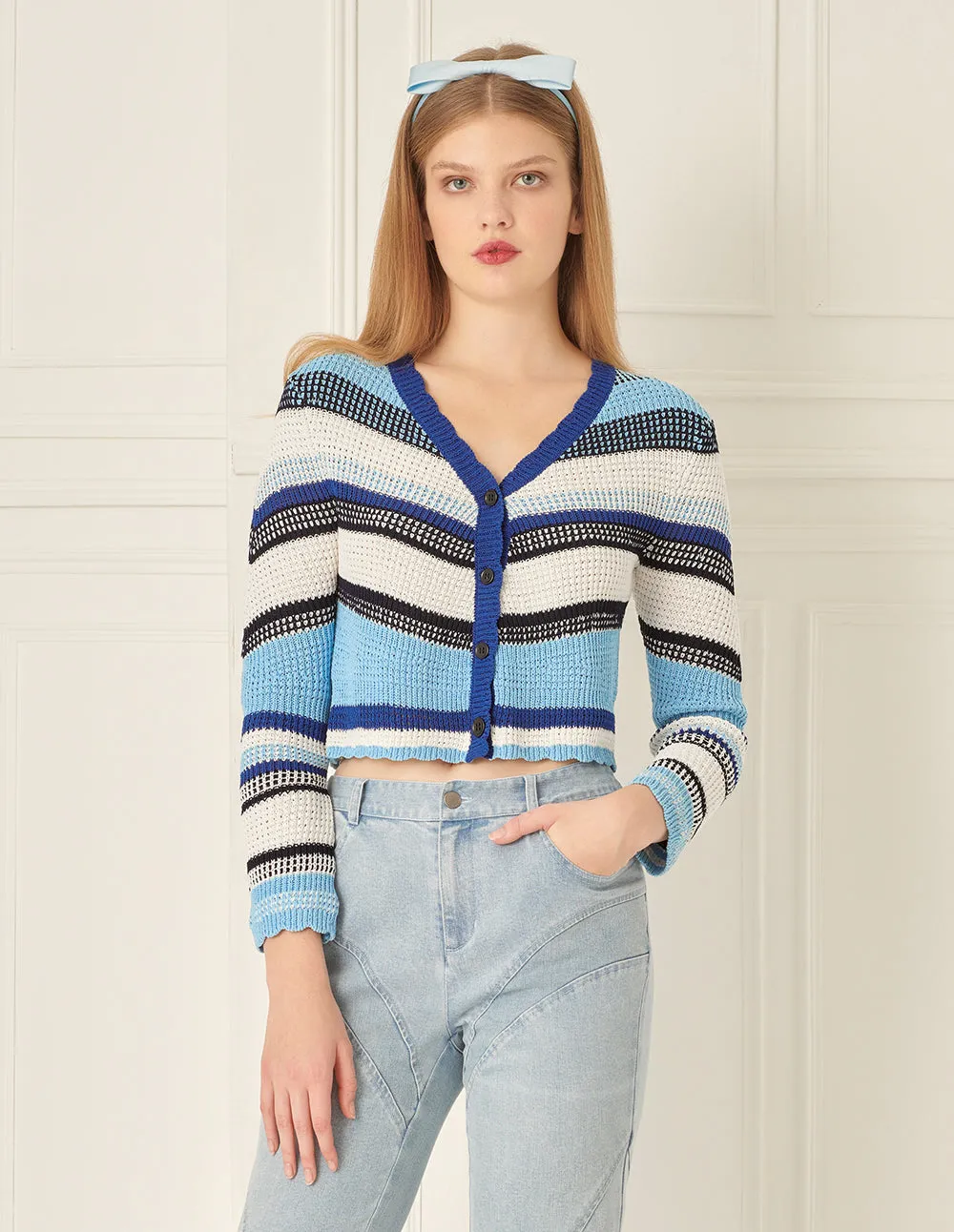 BORA AKSU Mid-Colour Striped V-Neck Long-Sleeved Knitted Cardigan