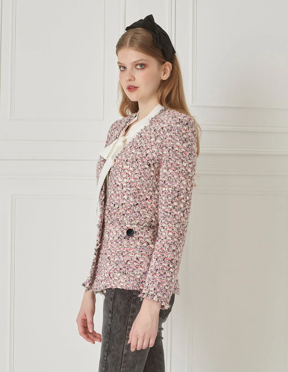 BORA AKSU V-Neck Fur-Trimmed Tweed Jacket