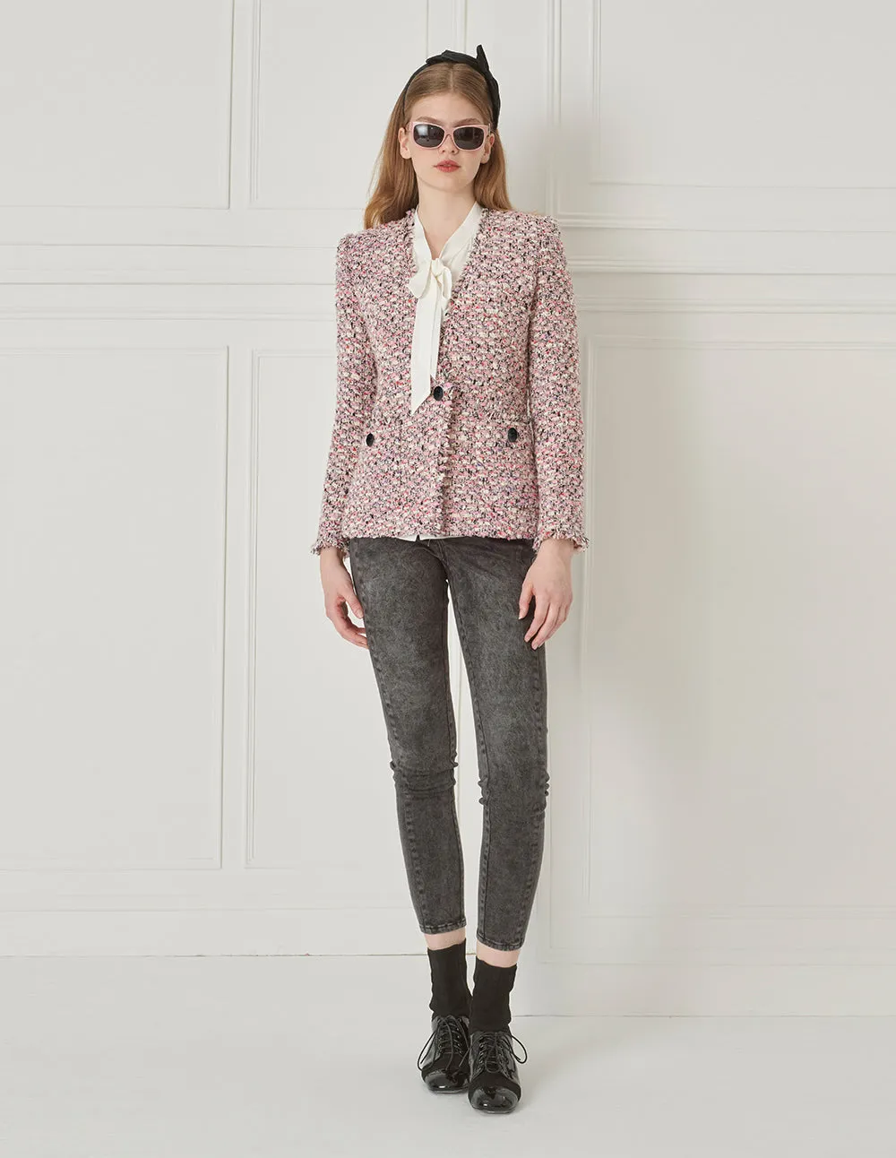 BORA AKSU V-Neck Fur-Trimmed Tweed Jacket