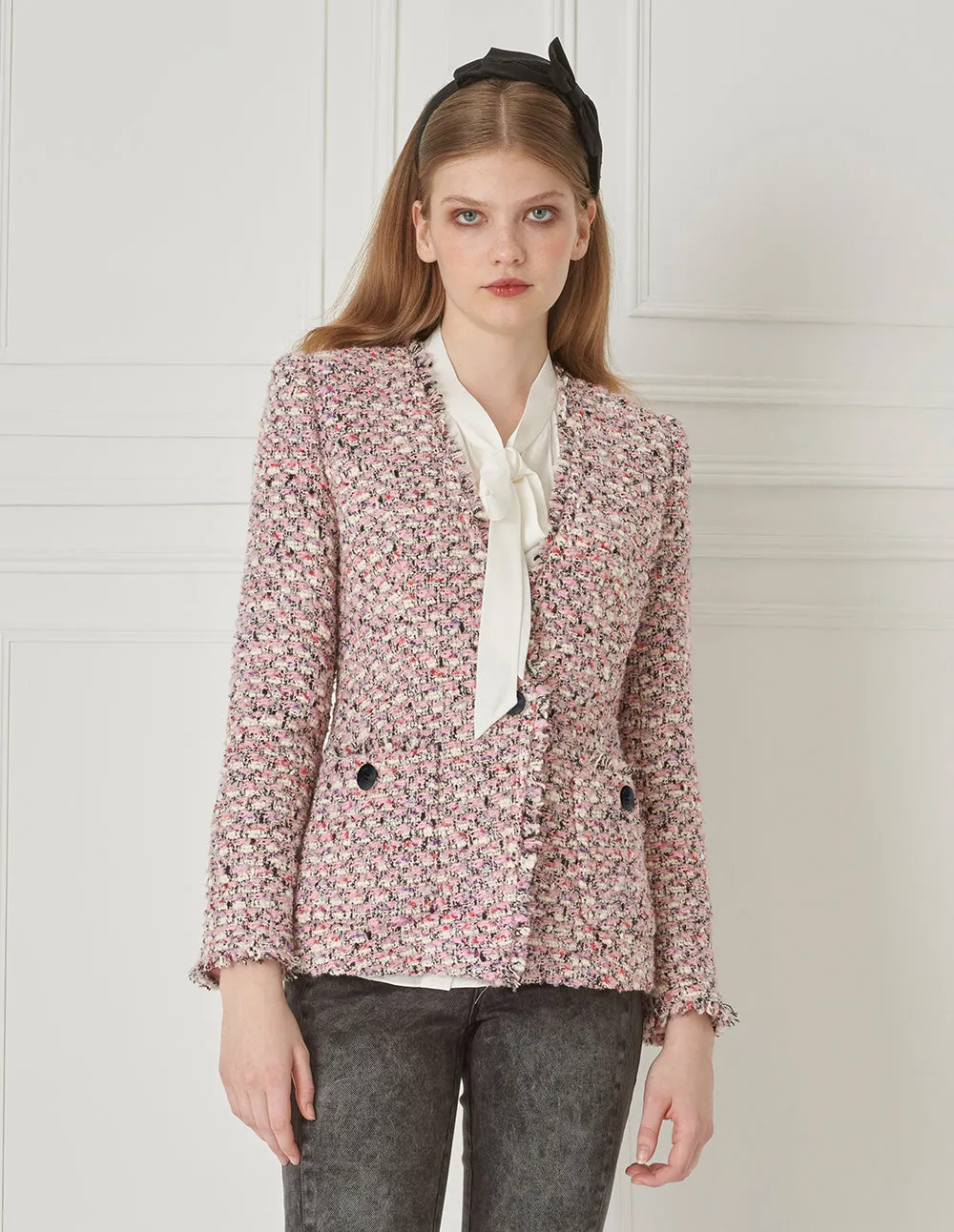 BORA AKSU V-Neck Fur-Trimmed Tweed Jacket