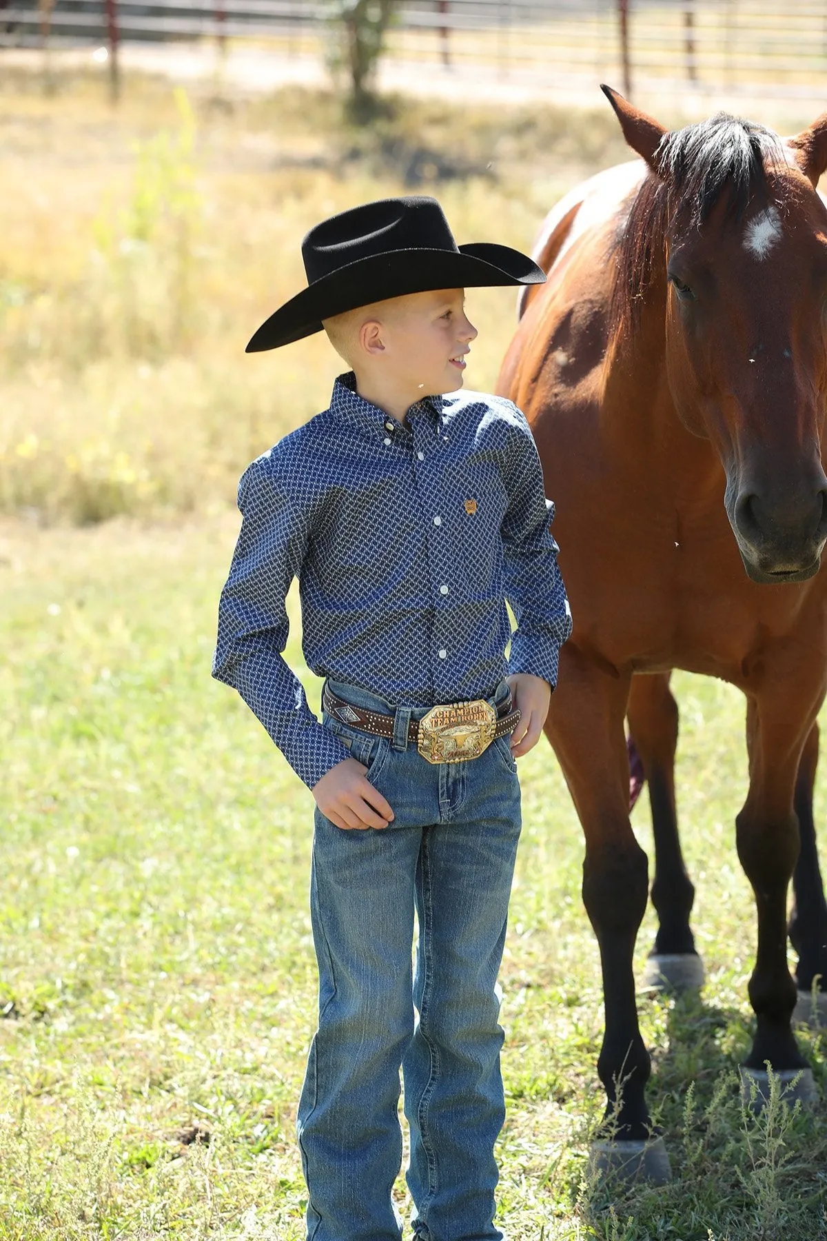 BOYS MEDALLION PRINT BUTTON-DOWN WESTERN SHIRT - ROYAL BLUE