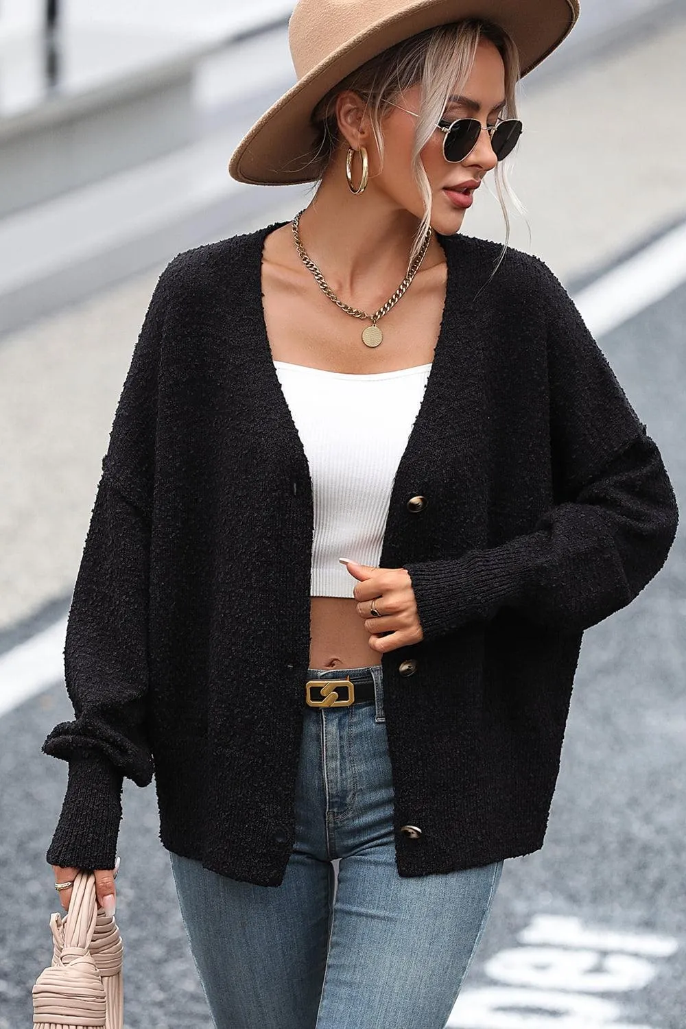 Button-Up Dropped Shoulder Cardigan