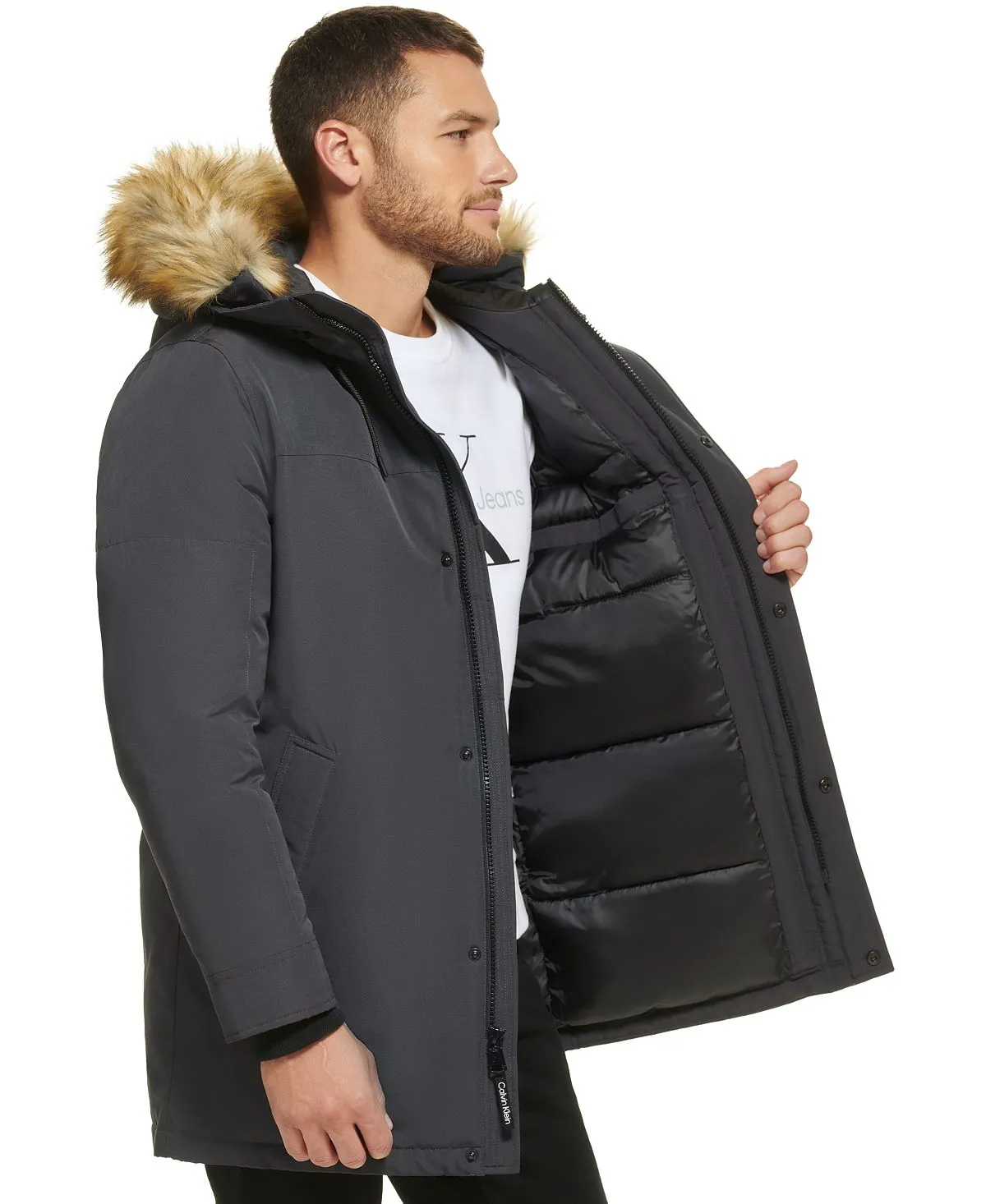 Calvin Klein Men's Faux Fur Lined Hooded Long Parka