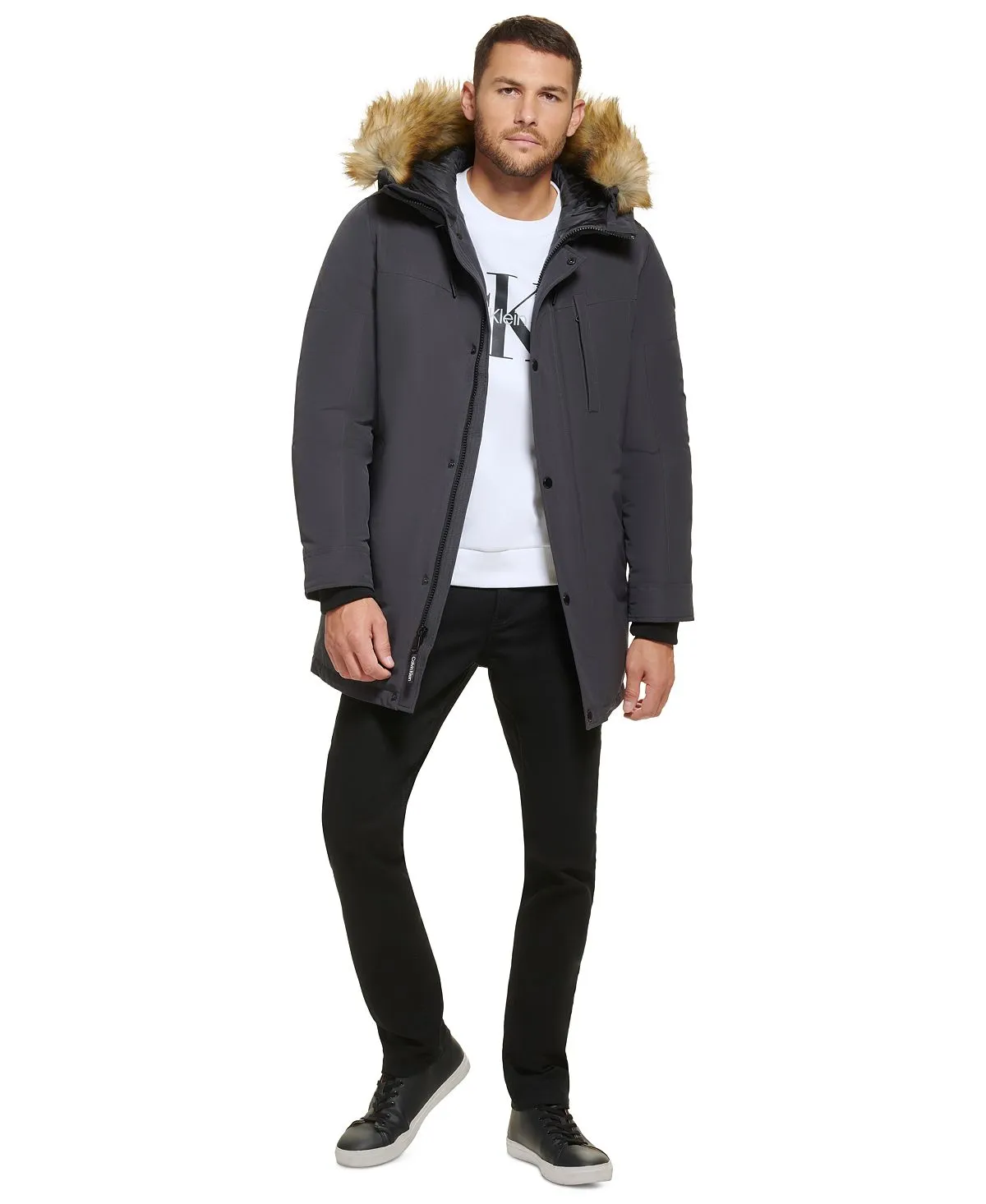 Calvin Klein Men's Faux Fur Lined Hooded Long Parka