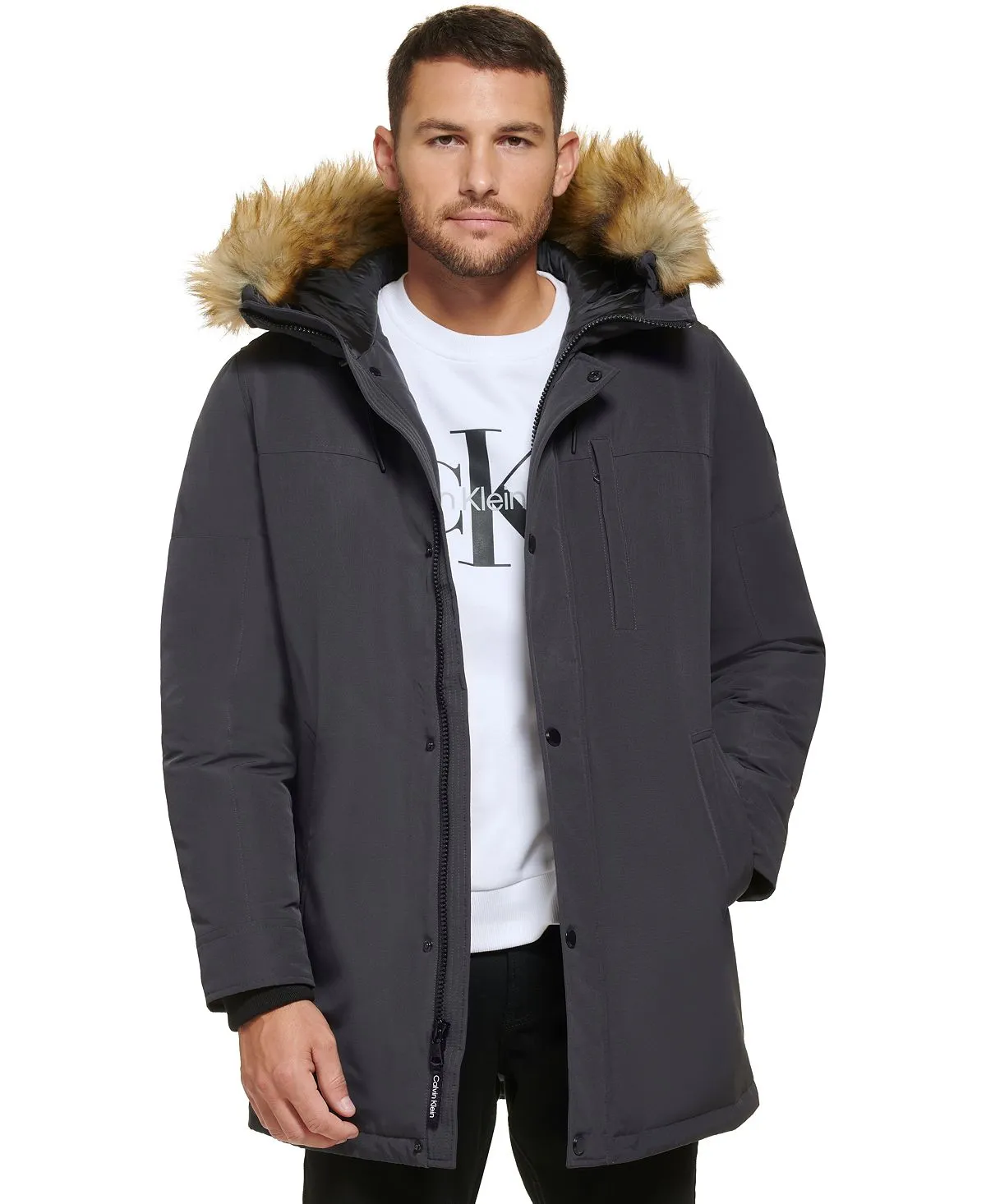 Calvin Klein Men's Faux Fur Lined Hooded Long Parka