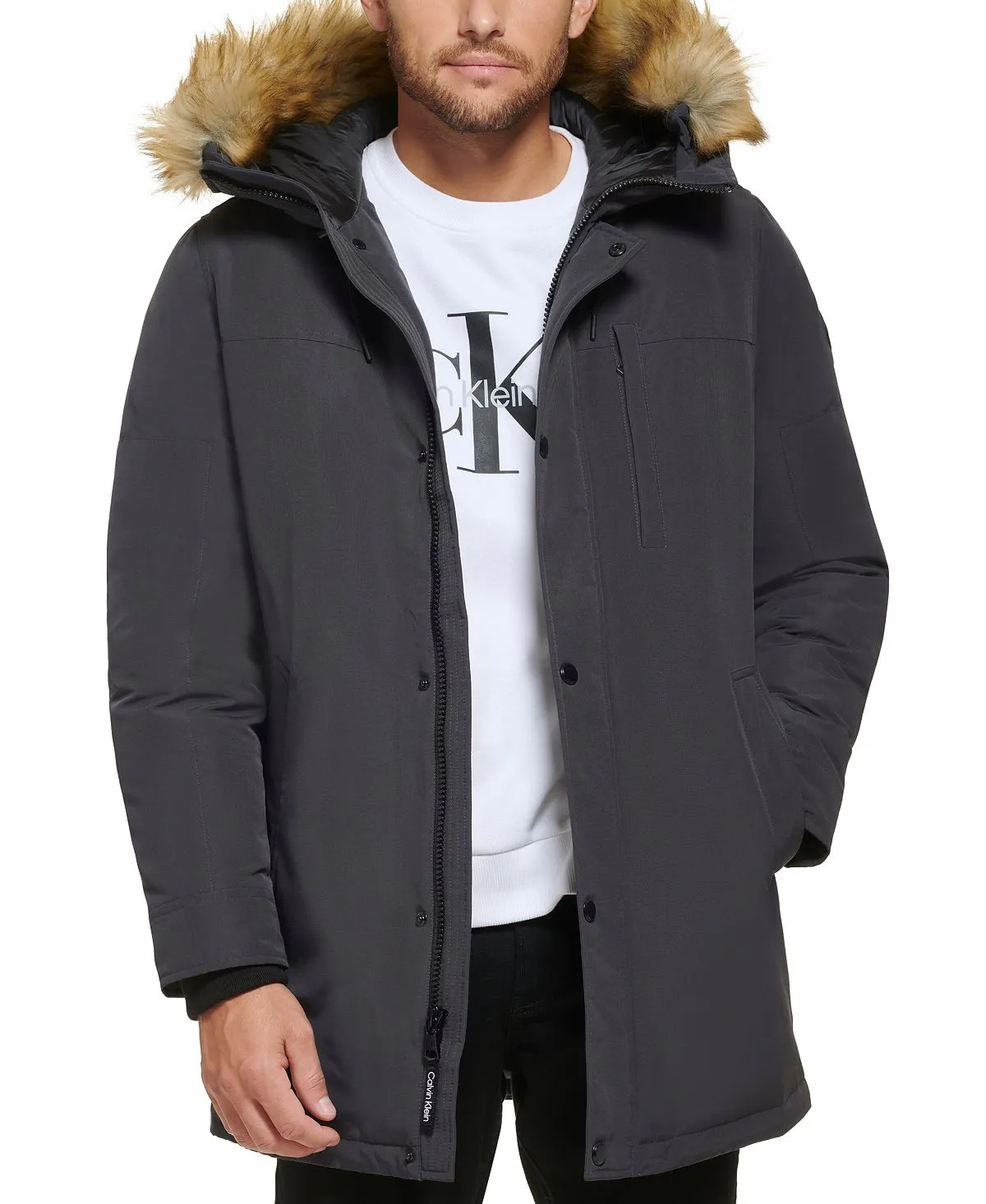 Calvin Klein Men's Faux Fur Lined Hooded Long Parka