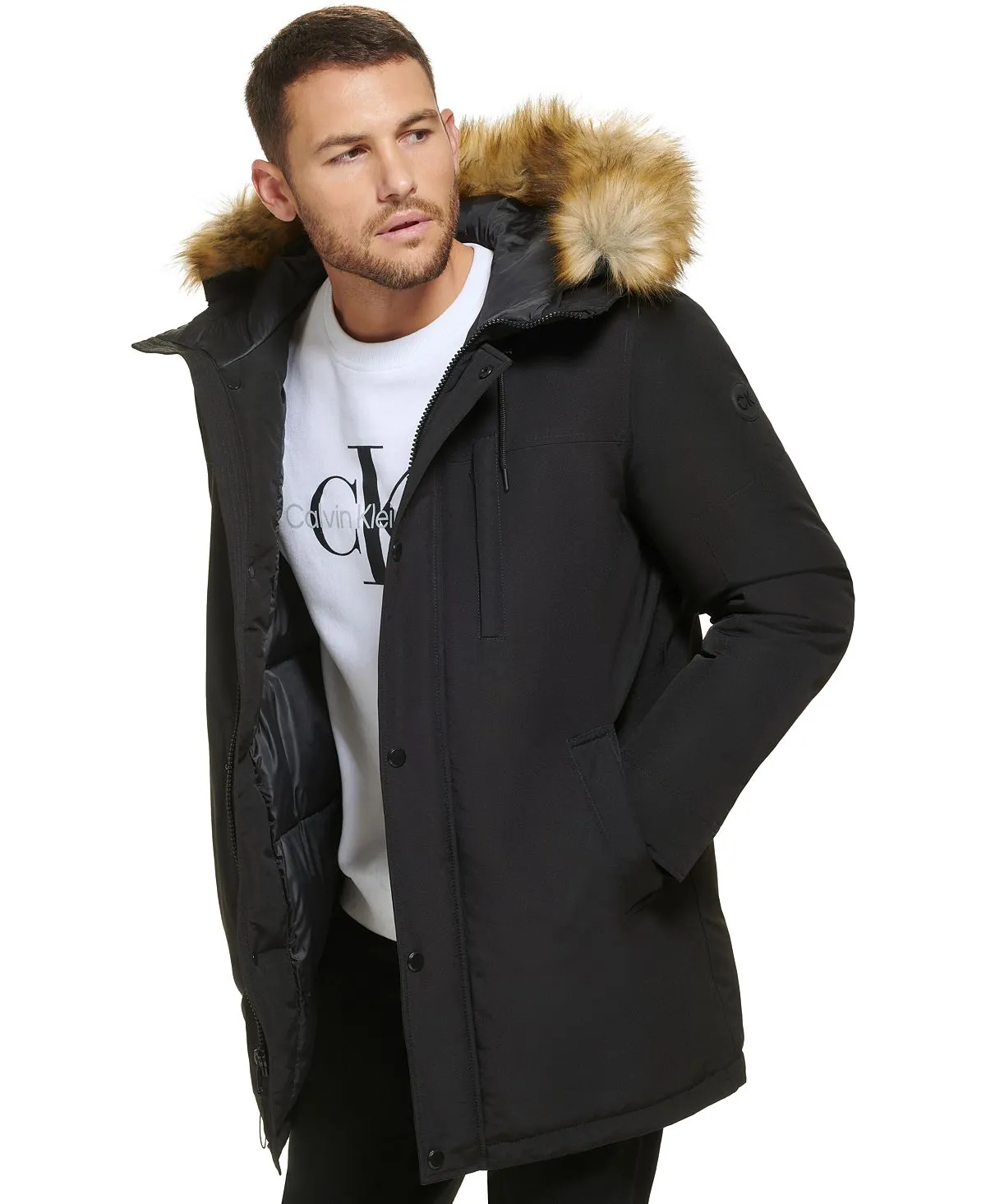 Calvin Klein Men's Faux Fur Lined Hooded Long Parka