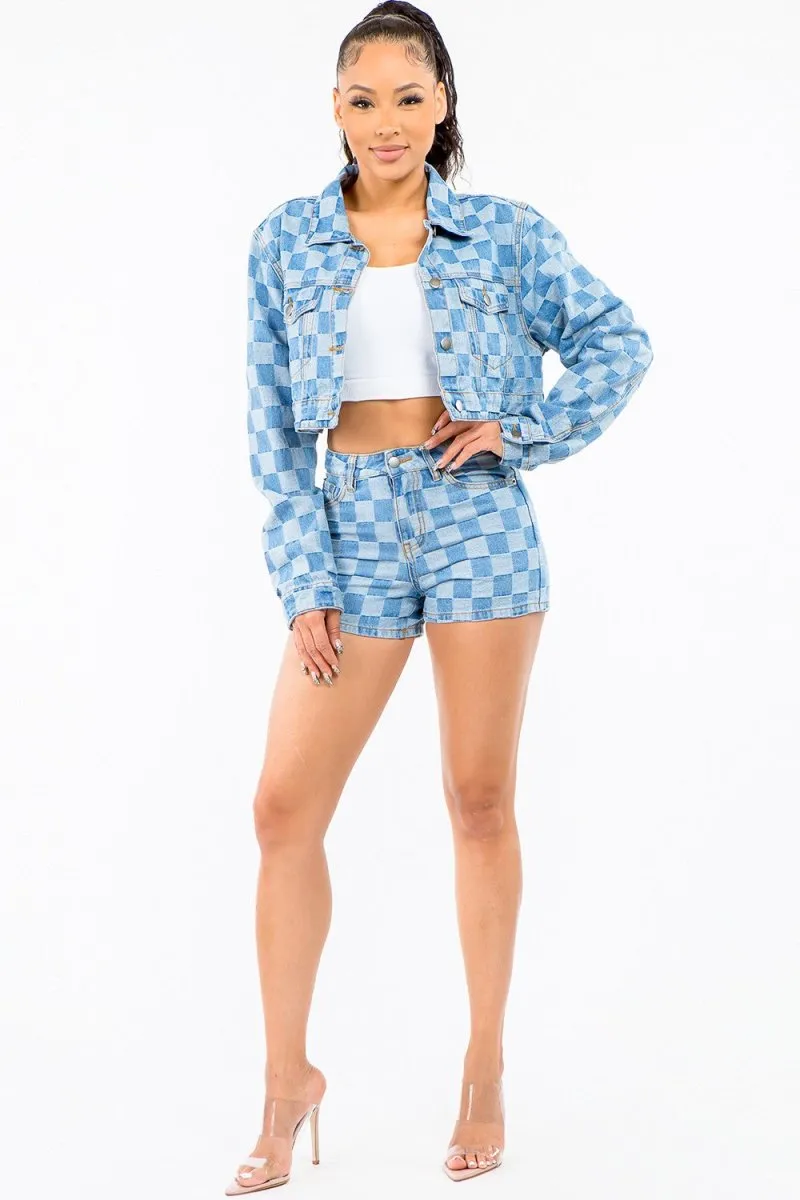 Checkered Cropped Denim Jacket