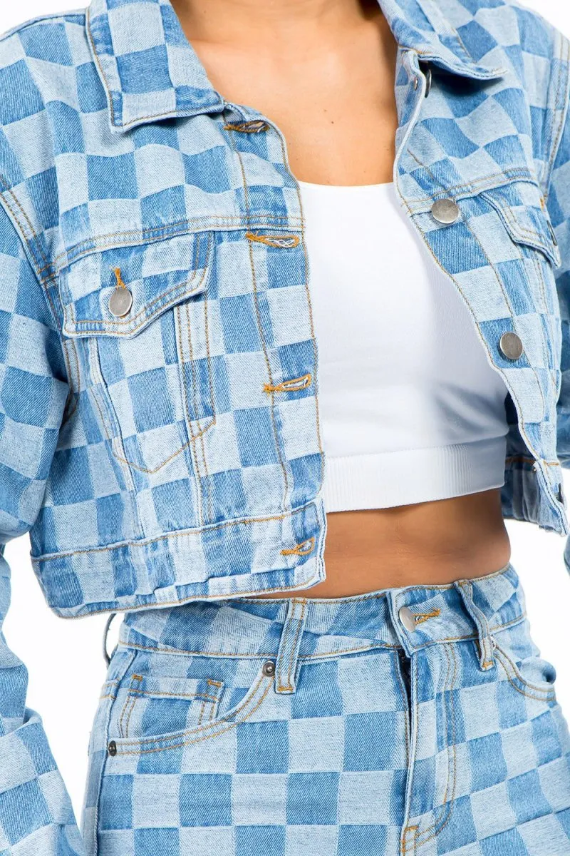 Checkered Cropped Denim Jacket