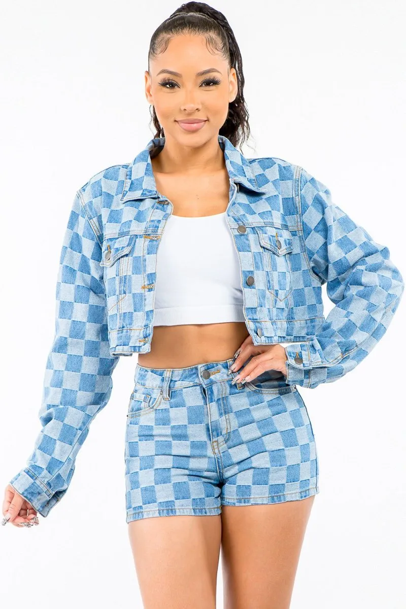 Checkered Cropped Denim Jacket