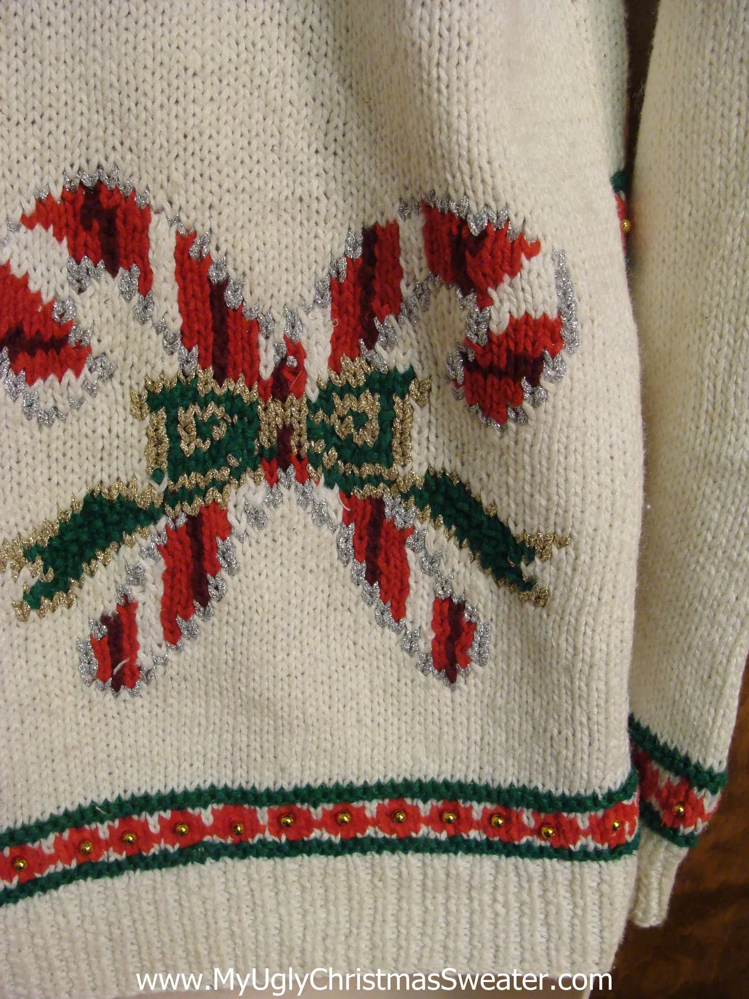 Colorful 80s Tacky Xmas Sweater with Bear and Candycanes and Lights