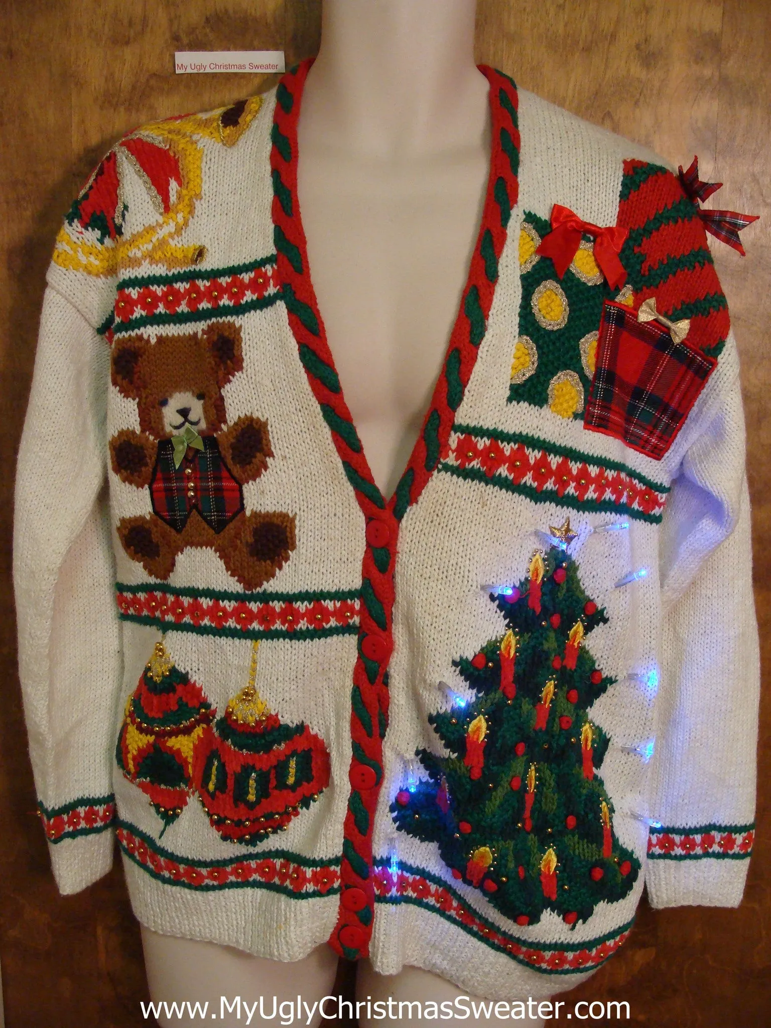 Colorful 80s Tacky Xmas Sweater with Bear and Candycanes and Lights