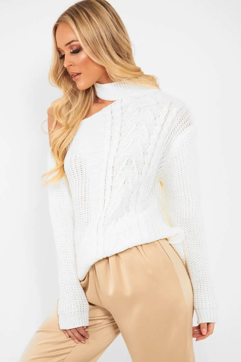 Cream Knitted Slash Neck Off Shoulder Jumper - Hazel