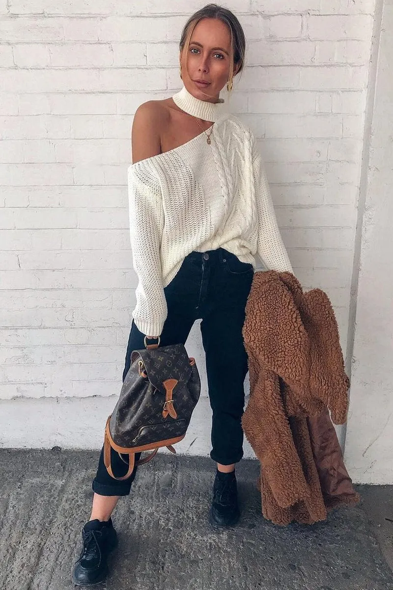 Cream Knitted Slash Neck Off Shoulder Jumper - Hazel