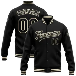 Custom Black Black-Cream Bomber Full-Snap Varsity Letterman Jacket