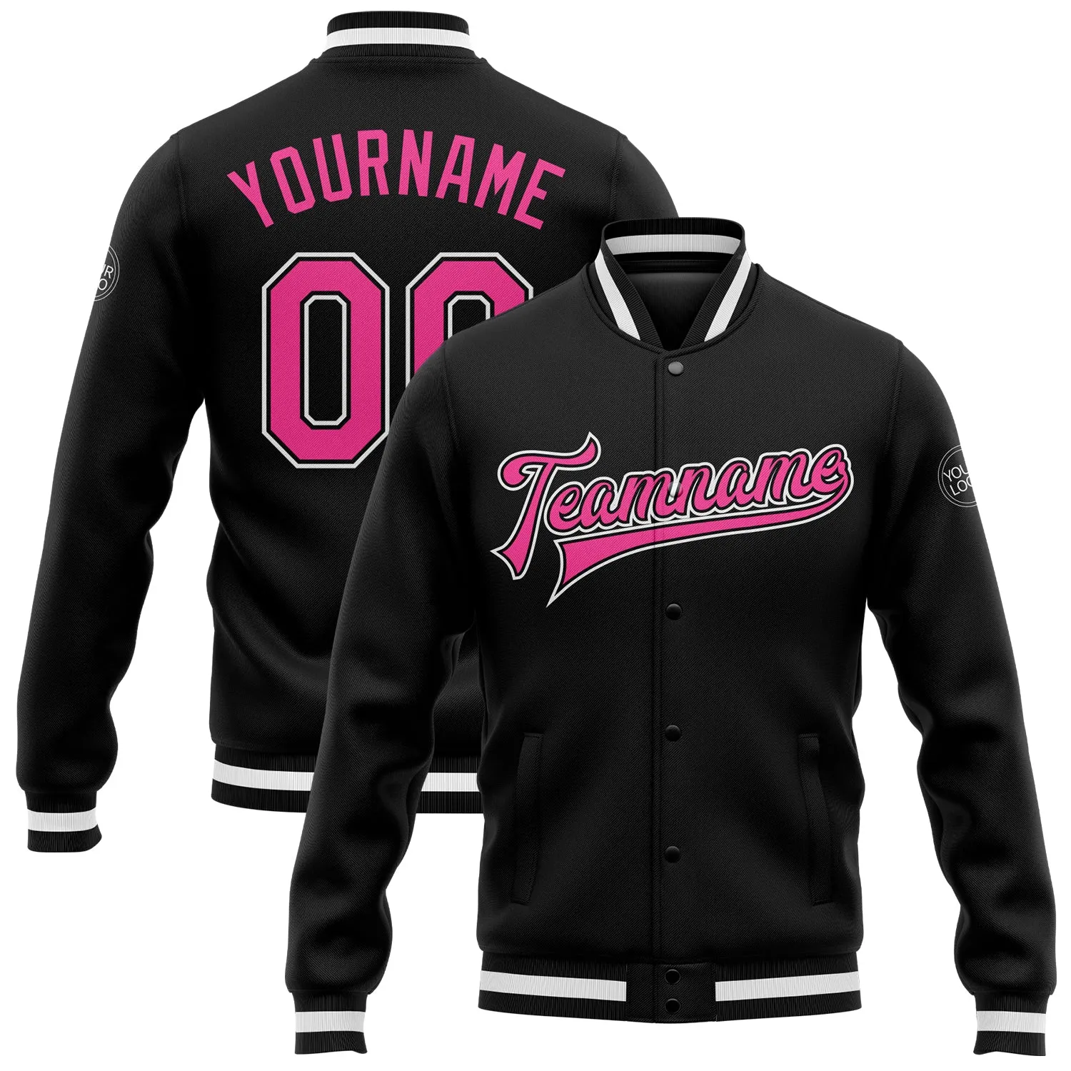 Custom Black Pink-White Bomber Full-Snap Varsity Letterman Jacket