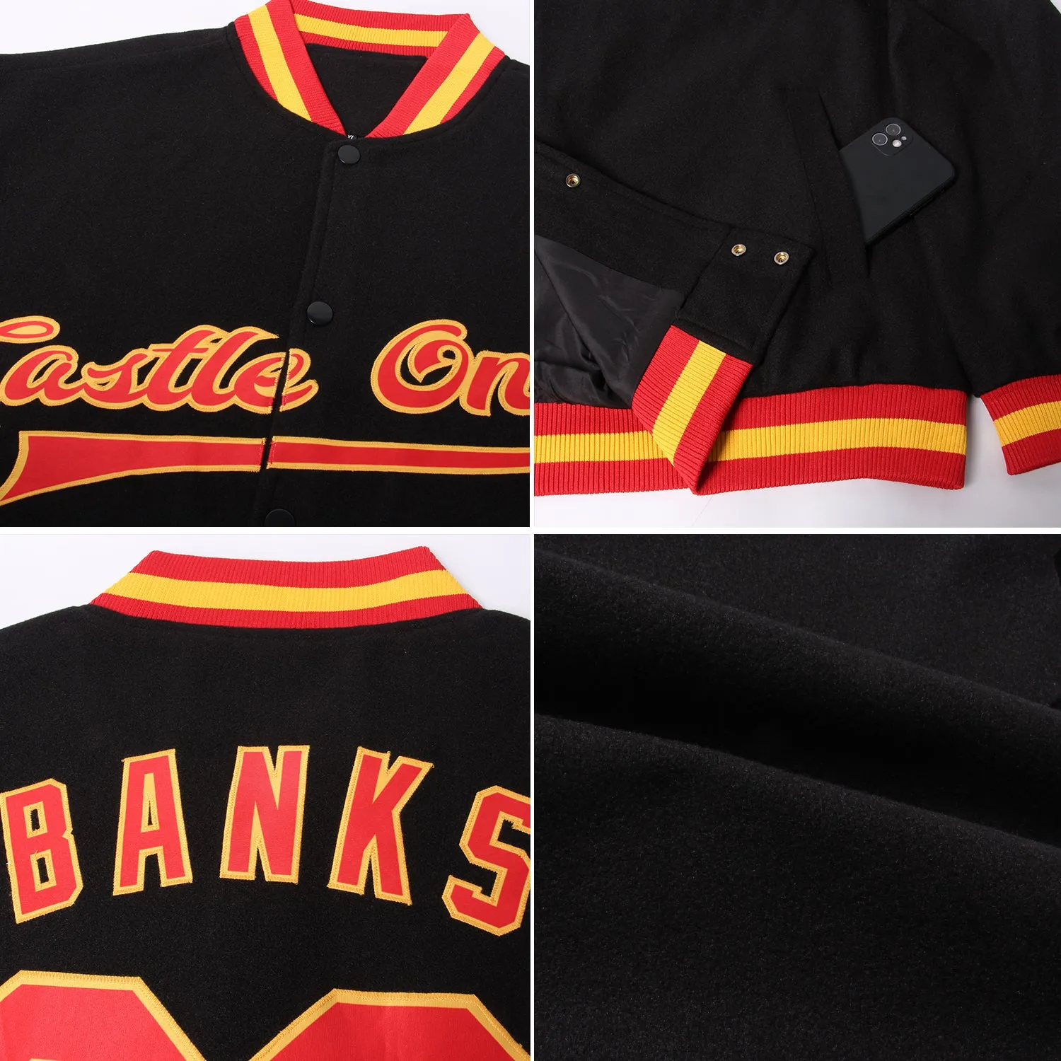 Custom Black Red-Gold Bomber Full-Snap Varsity Letterman Jacket