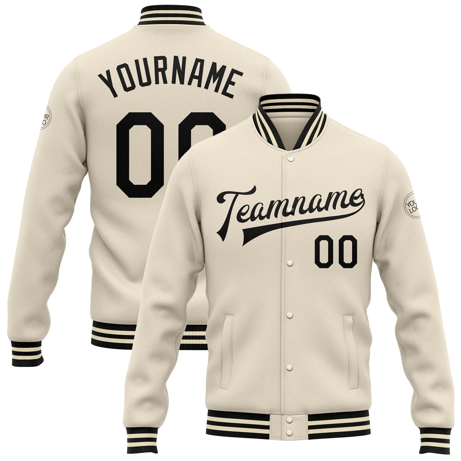 Custom Cream Black Bomber Full-Snap Varsity Letterman Jacket