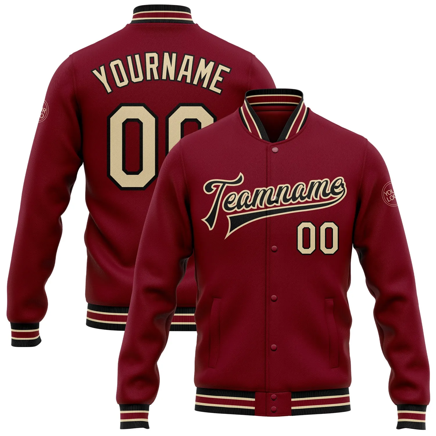 Custom Crimson City Cream-Black Bomber Full-Snap Varsity Letterman Jacket