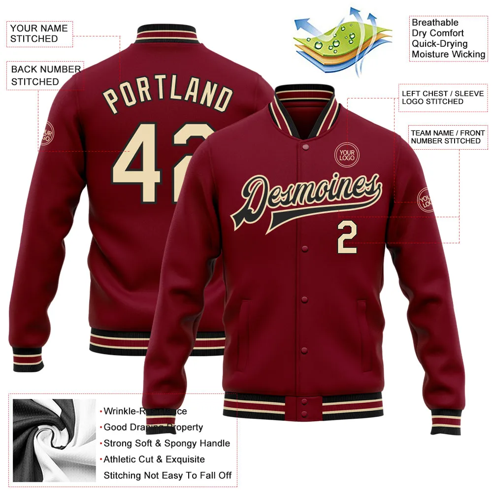 Custom Crimson City Cream-Black Bomber Full-Snap Varsity Letterman Jacket