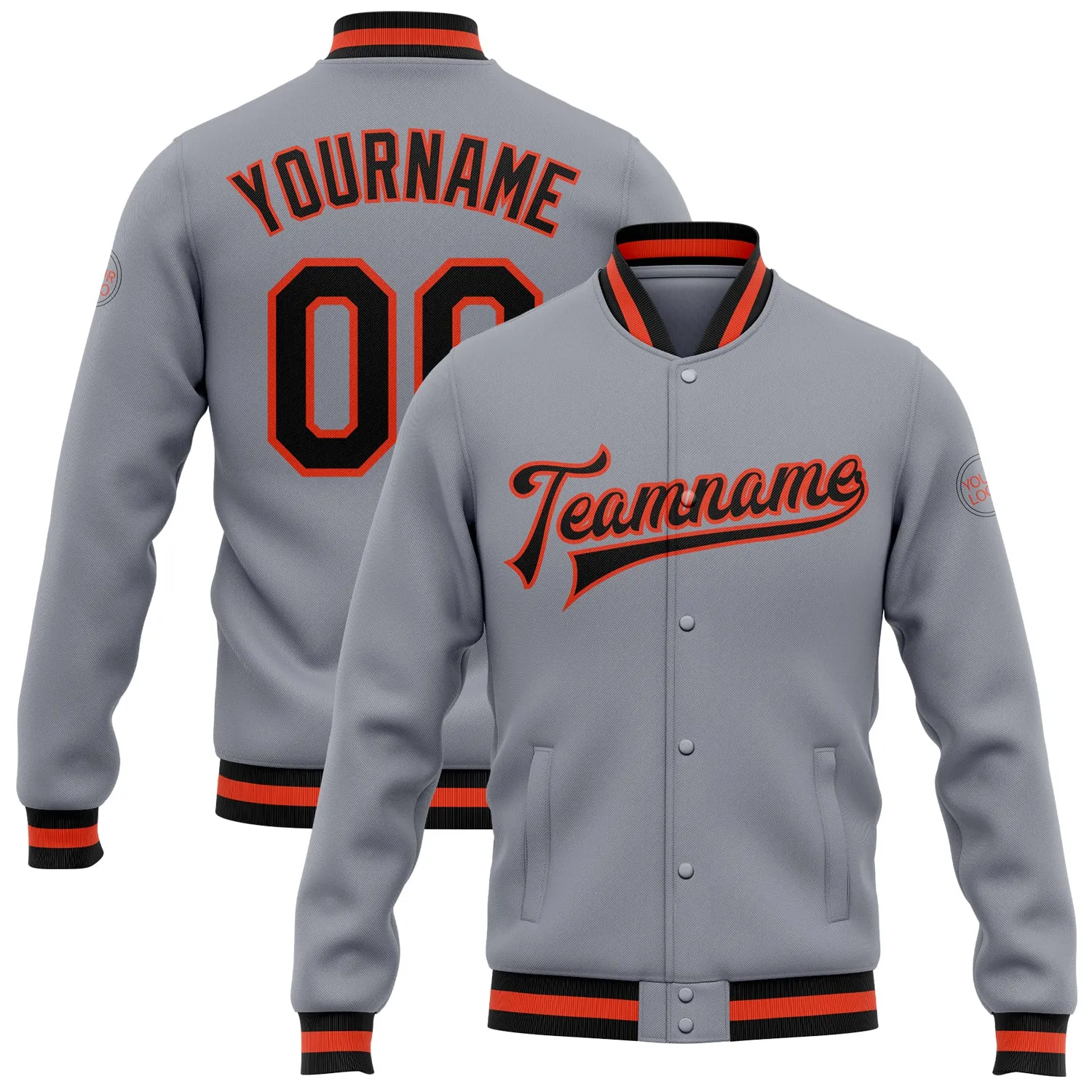 Custom Gray Black-Orange Bomber Full-Snap Varsity Letterman Jacket