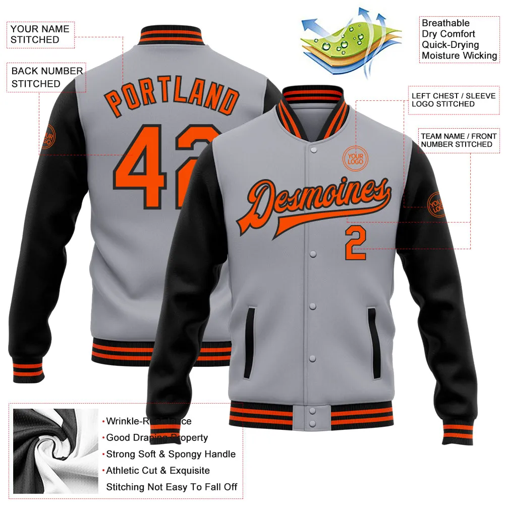 Custom Gray Orange-Black Bomber Full-Snap Varsity Letterman Two Tone Jacket