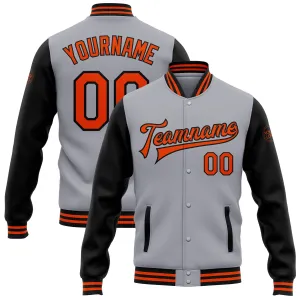 Custom Gray Orange-Black Bomber Full-Snap Varsity Letterman Two Tone Jacket