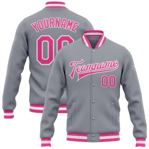 Custom Gray Pink-White Bomber Full-Snap Varsity Letterman Jacket