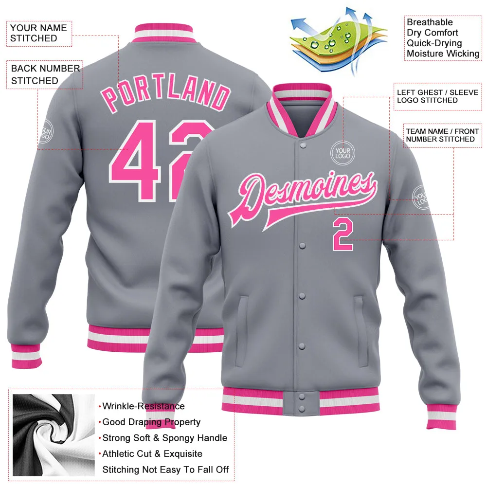 Custom Gray Pink-White Bomber Full-Snap Varsity Letterman Jacket