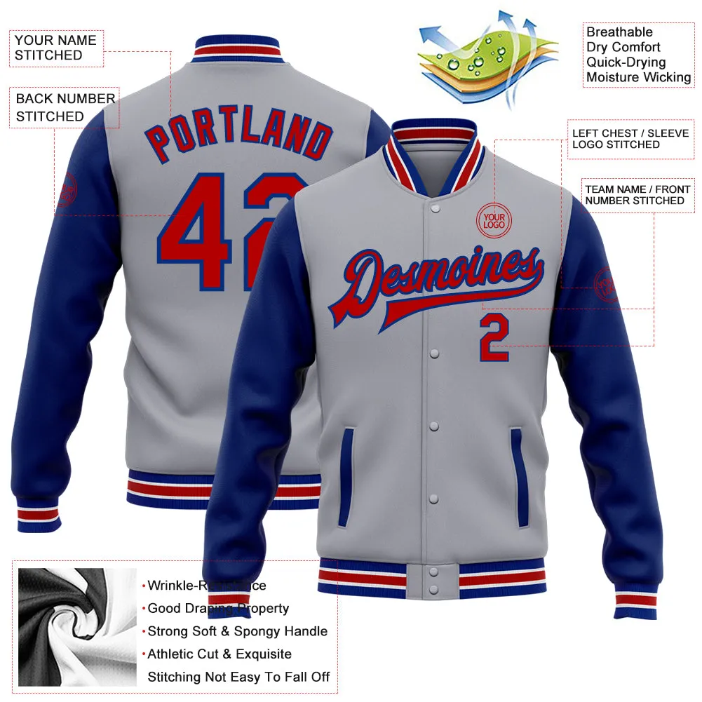 Custom Gray Red-Royal Bomber Full-Snap Varsity Letterman Two Tone Jacket