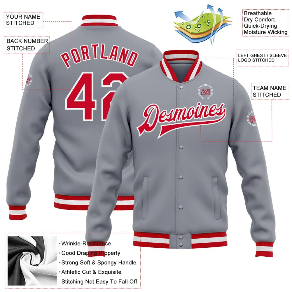 Custom Gray Red-White Bomber Full-Snap Varsity Letterman Jacket