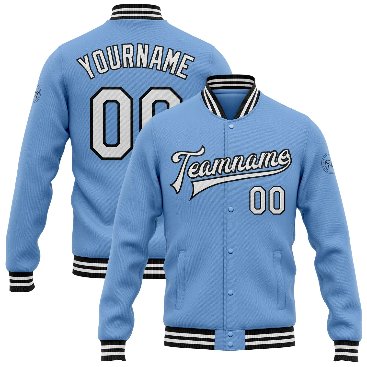 Custom Light Blue White-Black Bomber Full-Snap Varsity Letterman Jacket