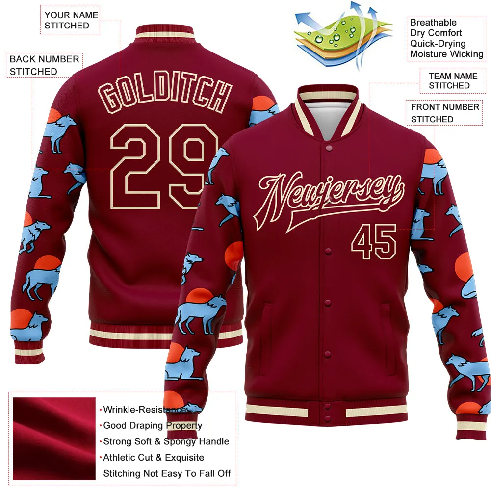 Custom Maroon Cream Wolves Hauling Jumping And Running 3D Pattern Design Bomber Full-Snap Varsity Letterman Jacket