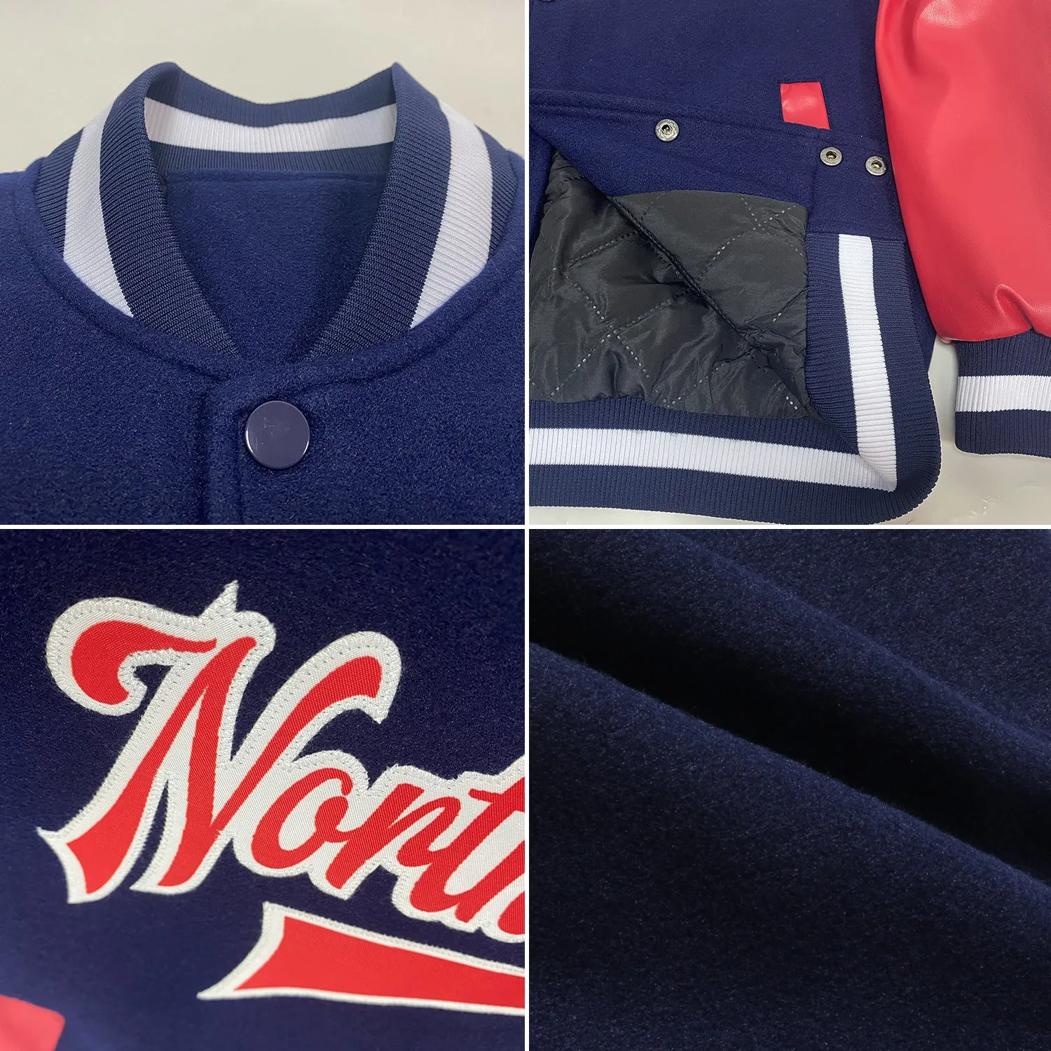 Custom Navy Red-White Bomber Full-Snap Varsity Letterman Two Tone Jacket