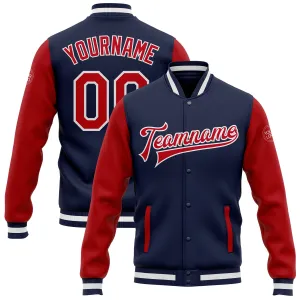 Custom Navy Red-White Bomber Full-Snap Varsity Letterman Two Tone Jacket